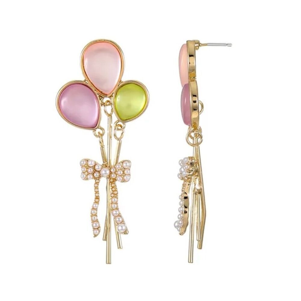 New Gold Balloon Cluster Drop Earrings with Pink & Green Accents